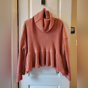 Free People Layer Cake Turtleneck Peplum Sweater Pink Rose XS Boho Chunky Knit